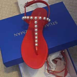 Stuart Weitzman Red Sandals with Pearl Accents